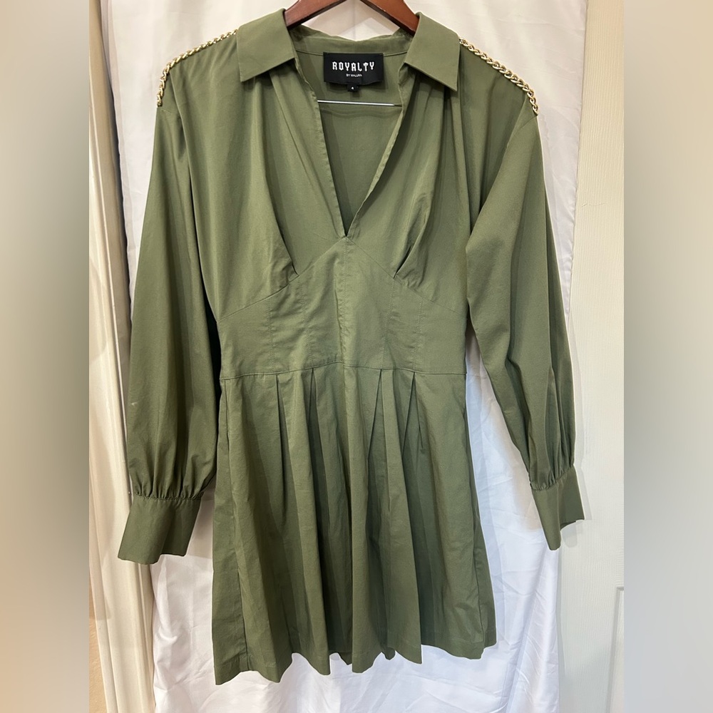 Shoulder studded Olive Long Sleeve Dress